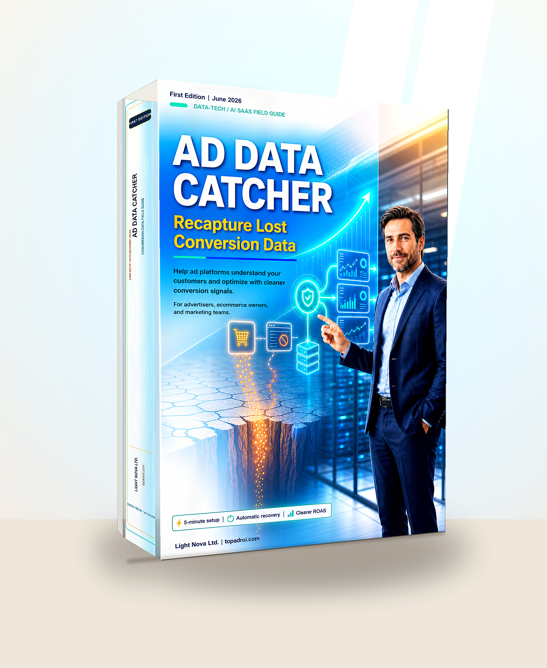 3D promotional mockup of the Ad Data Catcher Field Guide showing the front cover and printed book spine